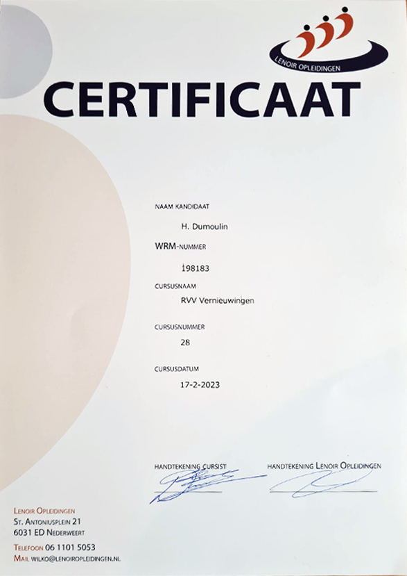 Certificaat RVV Vernieuwingen